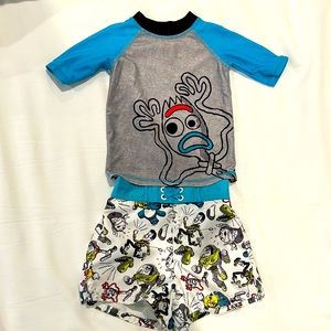 Disney Toy Story boys size 2/3 swim trunks with 3/4 sleeve rash guard.
